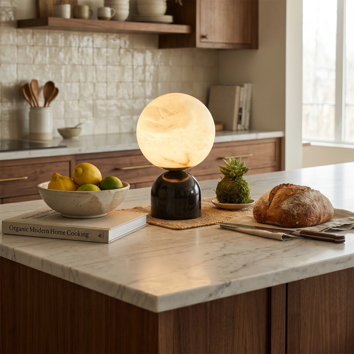 Round Alabaster Table Lamp - Modern Kitchen Island Marble Countertop Fruit Bowl Fresh Bread | HoaiLamp