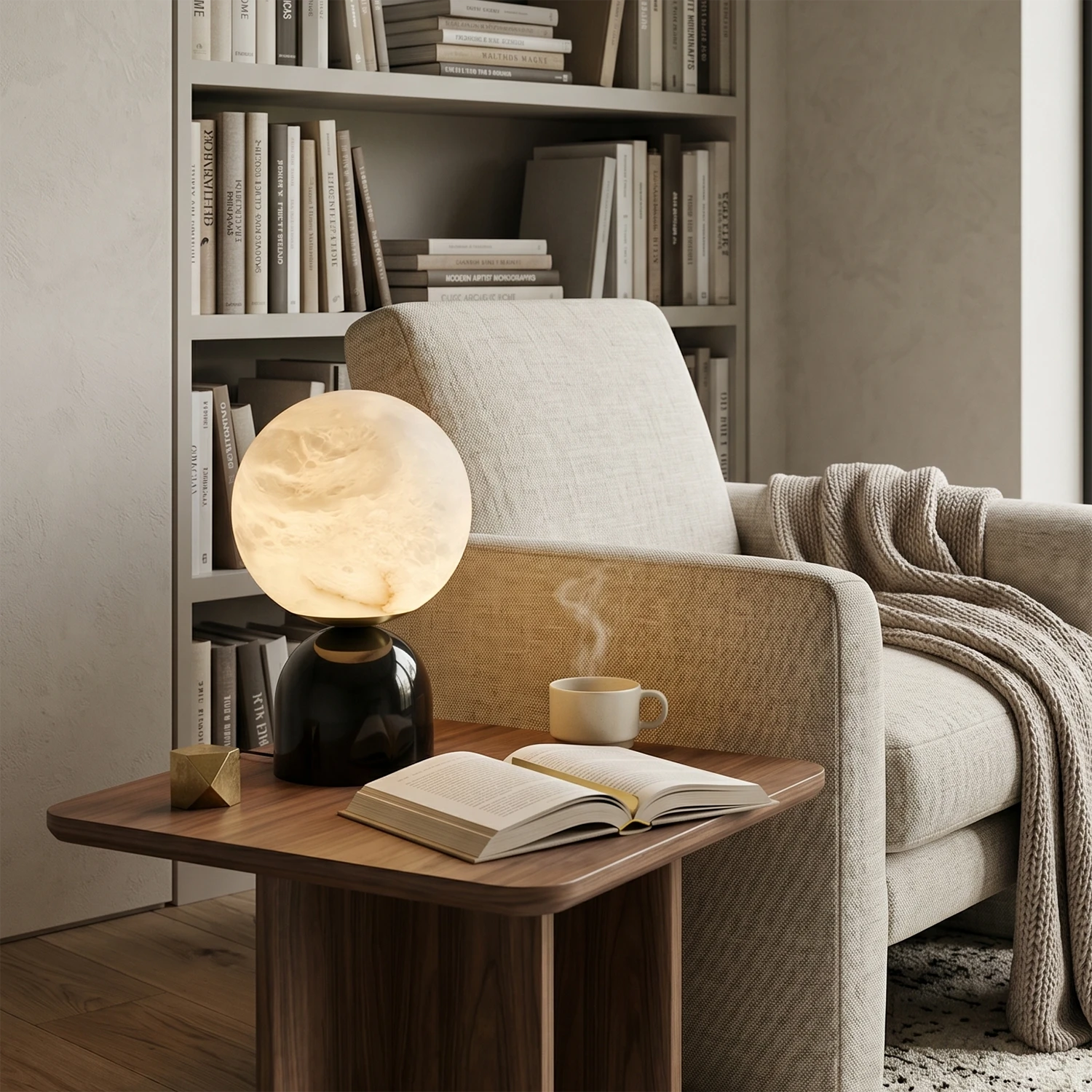 Round Alabaster Table Lamp - Cozy Reading Corner Armchair Wood Side Table Bookshelves | HoaiLamp