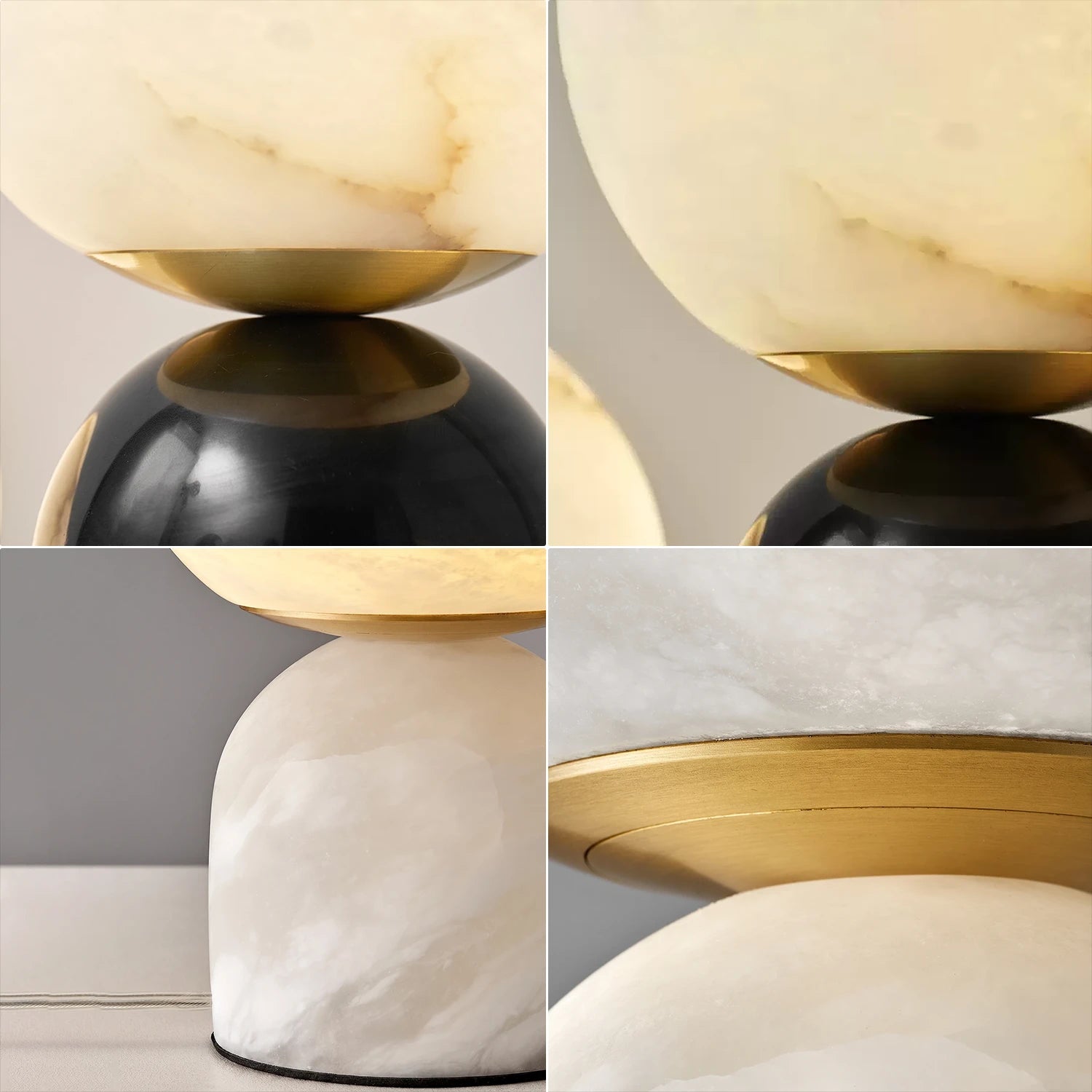 Round Alabaster Table Lamp - Multi Panel Macro Close Up Collage Brass Joints Texture Details | HoaiLamp