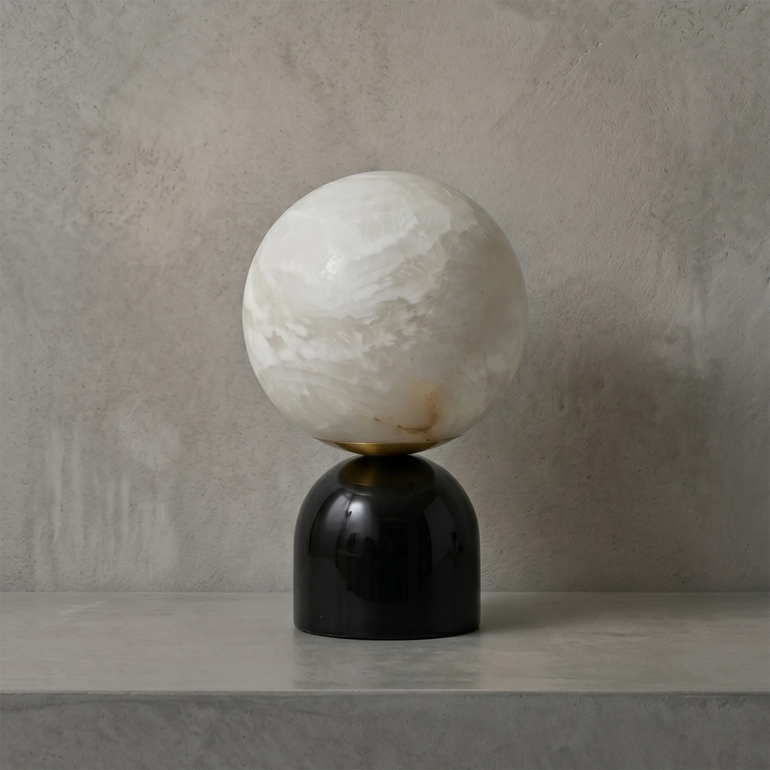 Round Alabaster Table Lamp - Studio Grey Concrete Backdrop Black Marble Base Smooth Sphere Unlit | HoaiLamp