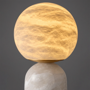 Round Alabaster Table Lamp - Studio Grey Backdrop Close Up Rough Textured Sphere Warm Lit | HoaiLamp