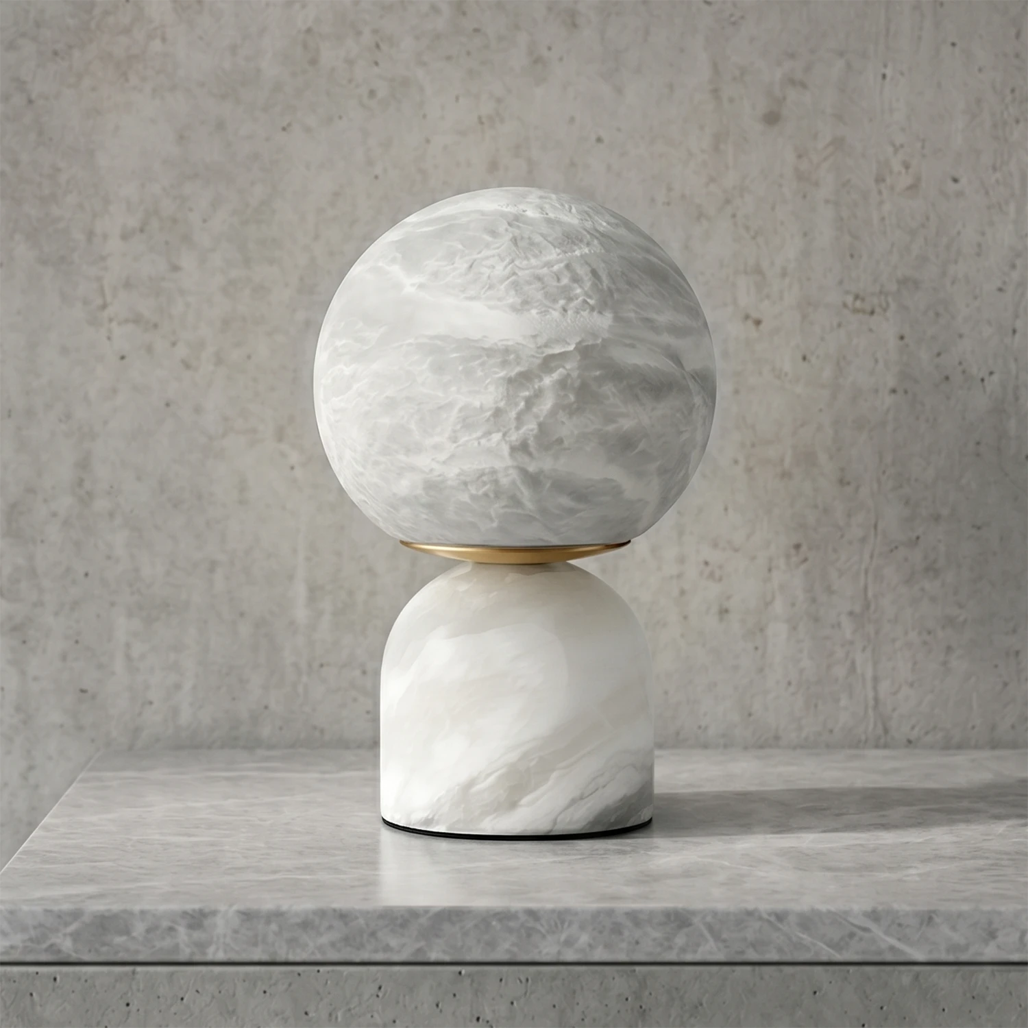 Round Alabaster Table Lamp - Studio Grey Concrete Backdrop White Marble Base Unlit | HoaiLamp