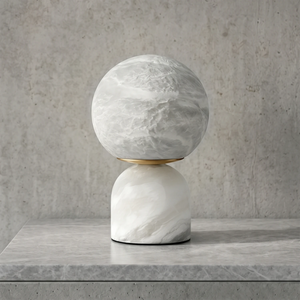 Round Alabaster Table Lamp - Studio Grey Concrete Backdrop White Marble Base Unlit | HoaiLamp