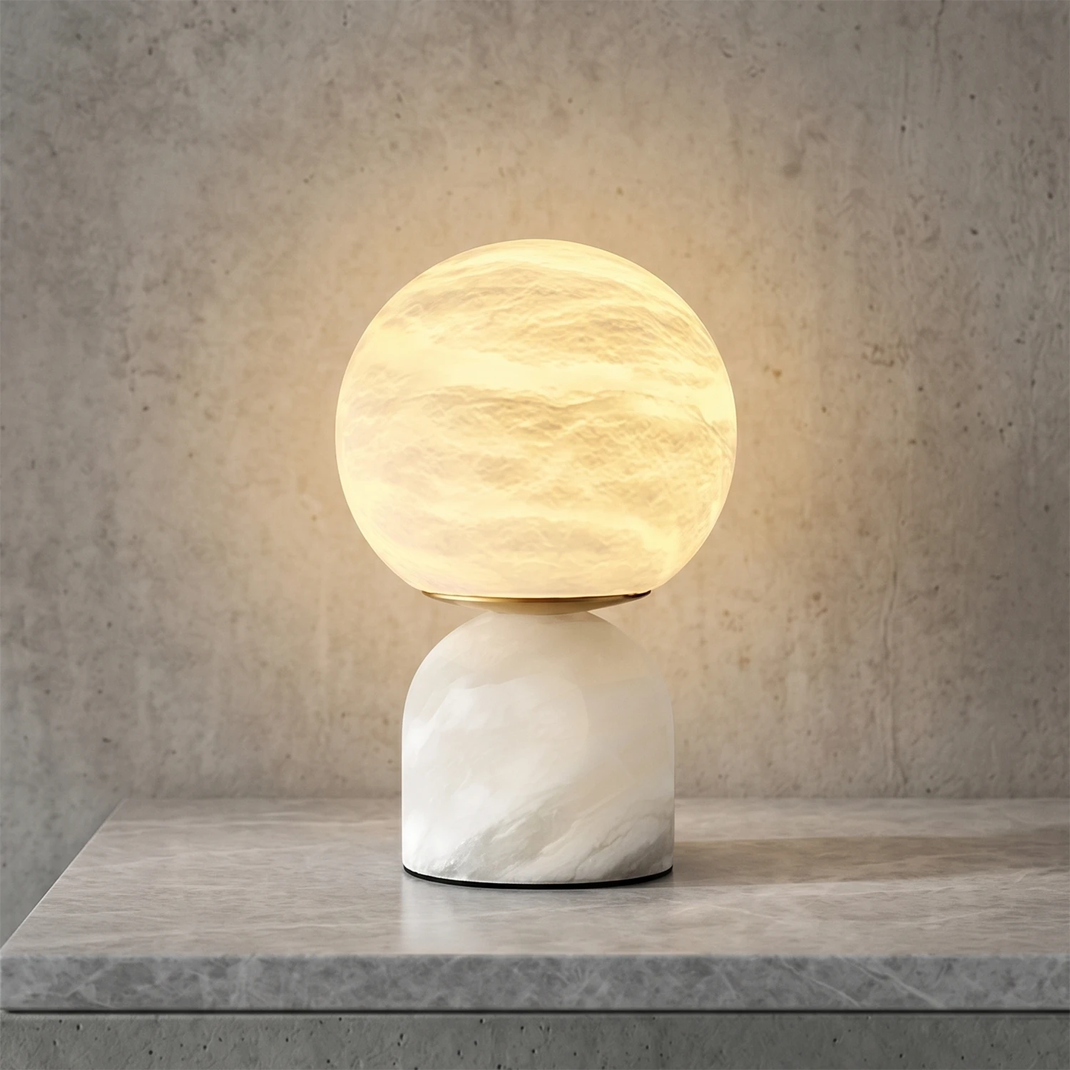 Round Alabaster Table Lamp - Studio Grey Concrete Backdrop White Marble Base Textured Sphere Warm Lit | HoaiLamp