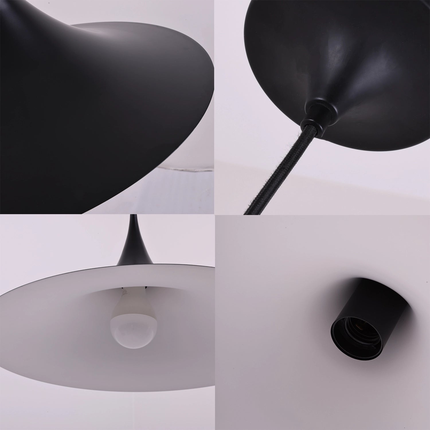 Sami Trumpet Pendant Light - Sleek Matte Black Hardware 4-in-1 Detail Collage | HoaiLamp