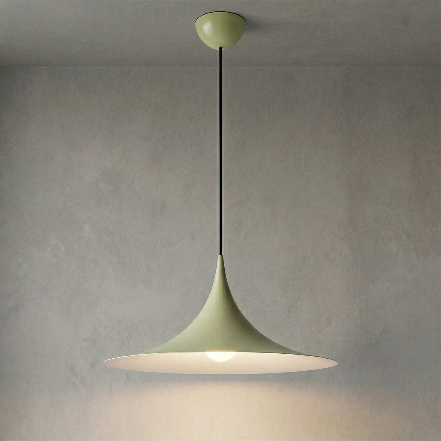 Sami Trumpet Pendant Light - Sage Green Avocado Shade Industrial Grey Background | HoaiLamp