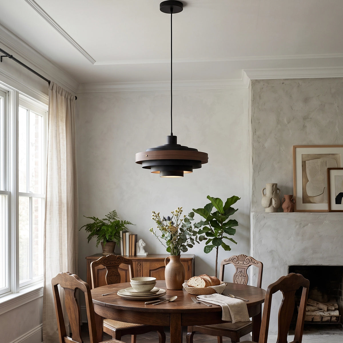 Saturno Tiered Ring Pendant Light - Round Wooden Table Scene | HoaiLamp