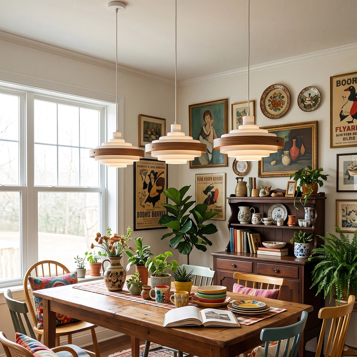 Saturno Tiered Ring Pendant Light - Dining Wooden Table Scene | HoaiLamp
