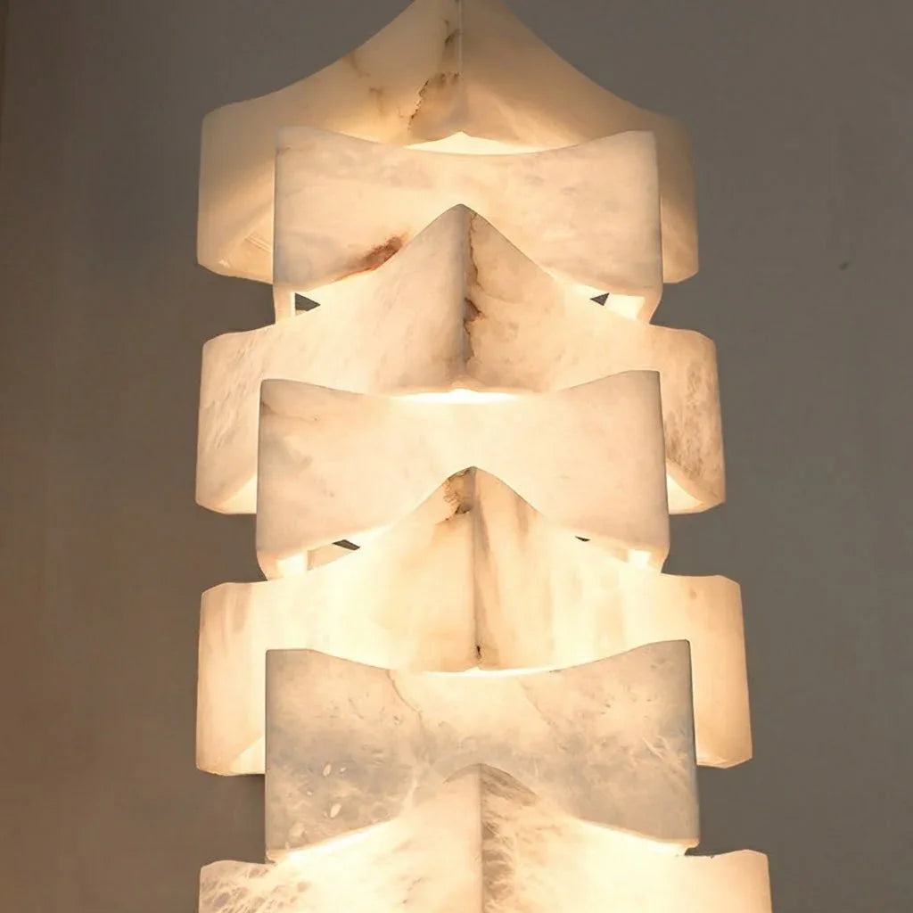 Sculptural Stacked Alabaster Totem Floor Lamp-Bar Linear Chandelier - Close Up Interlocking Geometric Alabaster Blocks Glowing | HoaiLamp