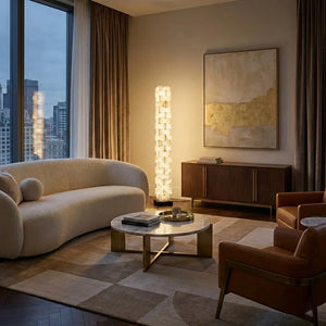 Sculptural Stacked Alabaster Totem Floor Lamp-Bar Linear Chandelier - Contemporary Living Room Curved Sofa Coffee Table Skyline View | HoaiLamp