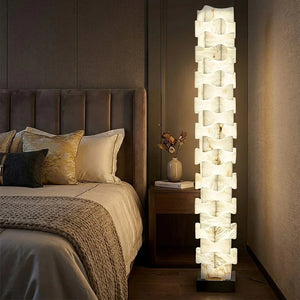 Sculptural Stacked Alabaster Totem Floor Lamp-Bar Linear Chandelier - Cozy Bedroom Bedside Nightstand Warm Ambient Lighting | HoaiLamp