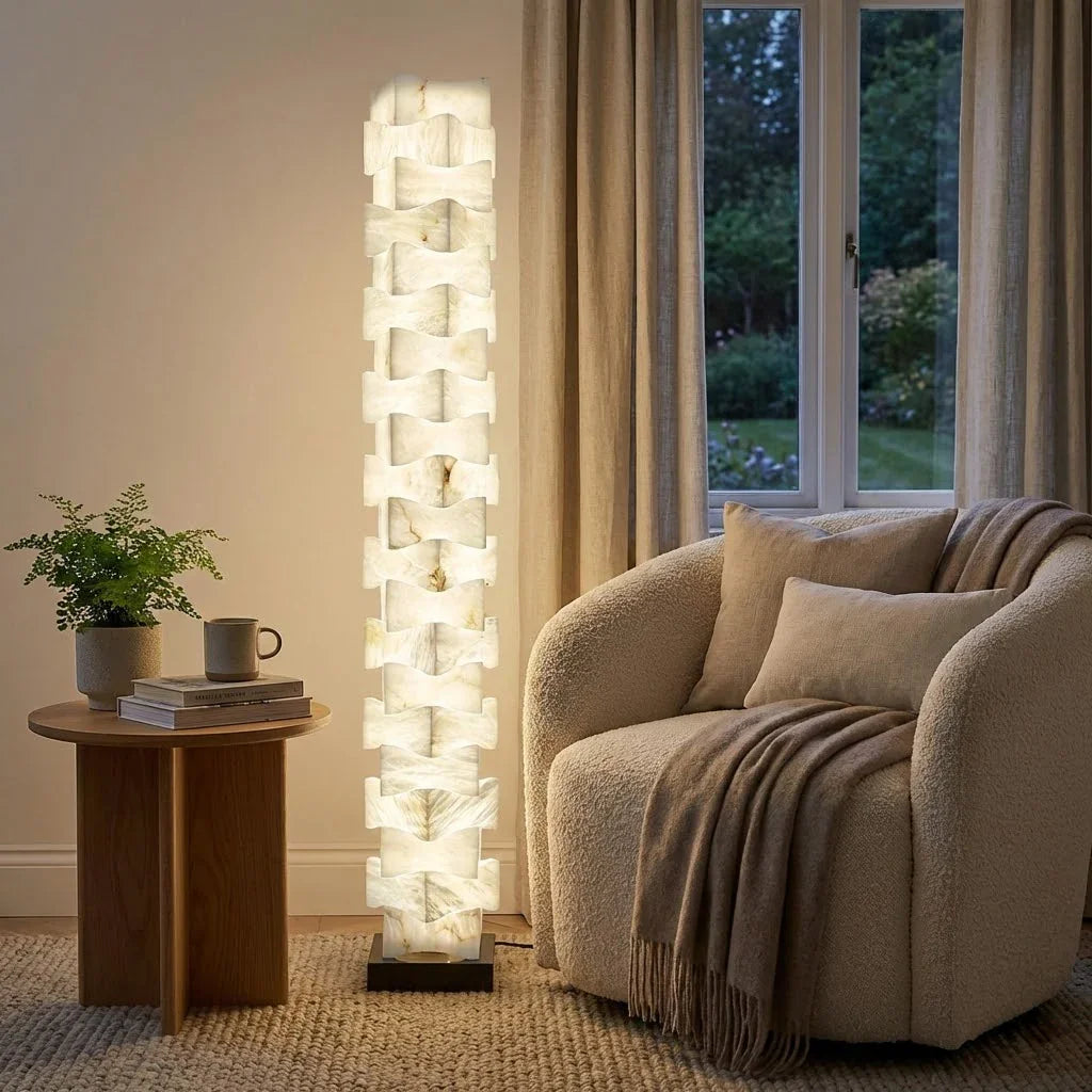 Sculptural Stacked Alabaster Totem Floor Lamp-Bar Linear Chandelier - Cozy Living Room Cream Armchair Side Table Window | HoaiLamp