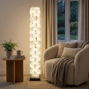 Sculptural Stacked Alabaster Totem Floor Lamp-Bar Linear Chandelier - Cozy Living Room Cream Armchair Side Table Window | HoaiLamp