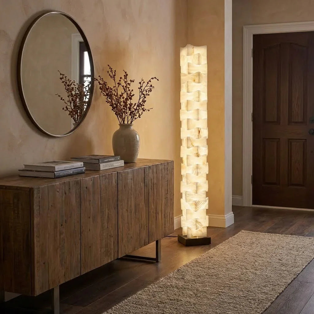 Sculptural Stacked Alabaster Totem Floor Lamp-Bar Linear Chandelier - Elegant Entryway Foyer Wood Console Table Round Mirror | HoaiLamp