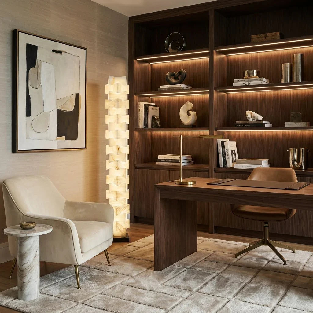 Sculptural Stacked Alabaster Totem Floor Lamp-Bar Linear Chandelier - Executive Home Office Dark Wood Built In Bookshelves | HoaiLamp
