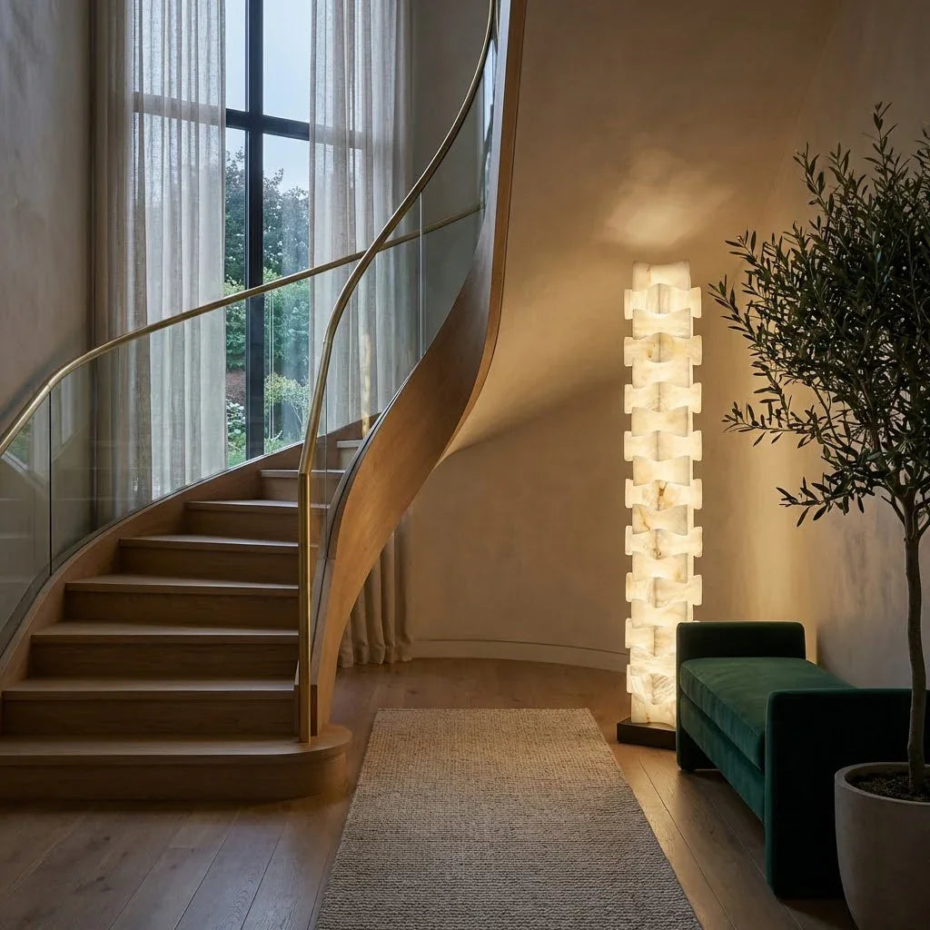 Sculptural Stacked Alabaster Totem Floor Lamp-Bar Linear Chandelier - Grand Foyer Floating Curved Staircase Velvet Bench | HoaiLamp
