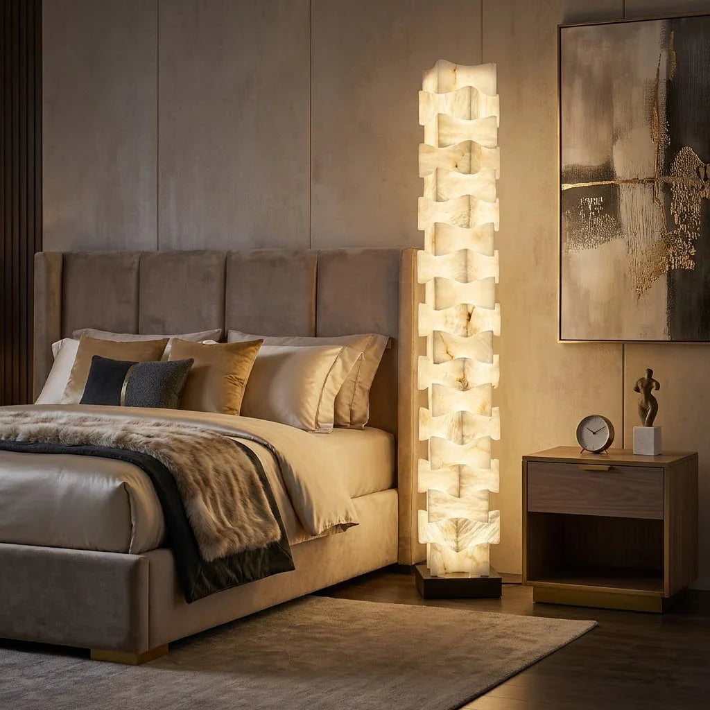 Sculptural Stacked Alabaster Totem Floor Lamp-Bar Linear Chandelier - Luxury Modern Bedroom Upholstered Bed Nightstand Warm Glow | HoaiLamp