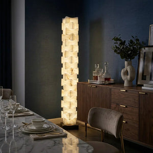 Sculptural Stacked Alabaster Totem Floor Lamp-Bar Linear Chandelier - Moody Dark Blue Dining Area Contemporary Bar Counter | HoaiLamp