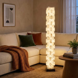 Sculptural Stacked Alabaster Totem Floor Lamp-Bar Linear Chandelier - Warm Tone Living Corner Sectional Couch Coffee Table | HoaiLamp