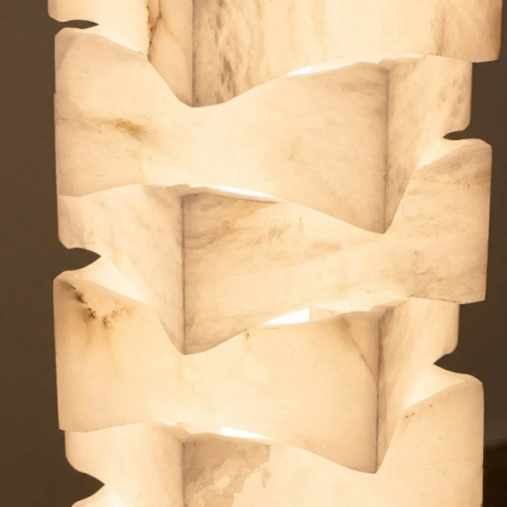 Sculptural Stacked Alabaster Totem Floor Lamp-Bar Linear Chandelier - Macro Texture Natural Alabaster Stone Veins Interlocking Joints | HoaiLamp