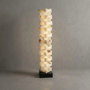 Sculptural Stacked Alabaster Totem Floor Lamp-Bar Linear Chandelier - Studio Grey Concrete Backdrop Full Length Lit | HoaiLamp
