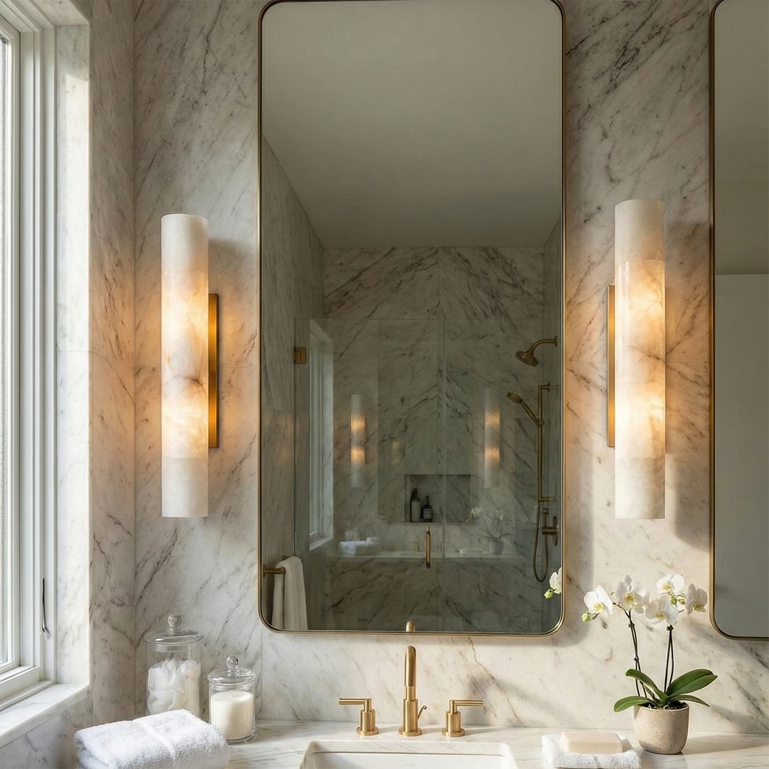 Selene Alabaster Column Sconce-Bar Linear Chandelier - Luxury Bathroom Vanity Symmetrical Marble Wall Mirror | HoaiLamp