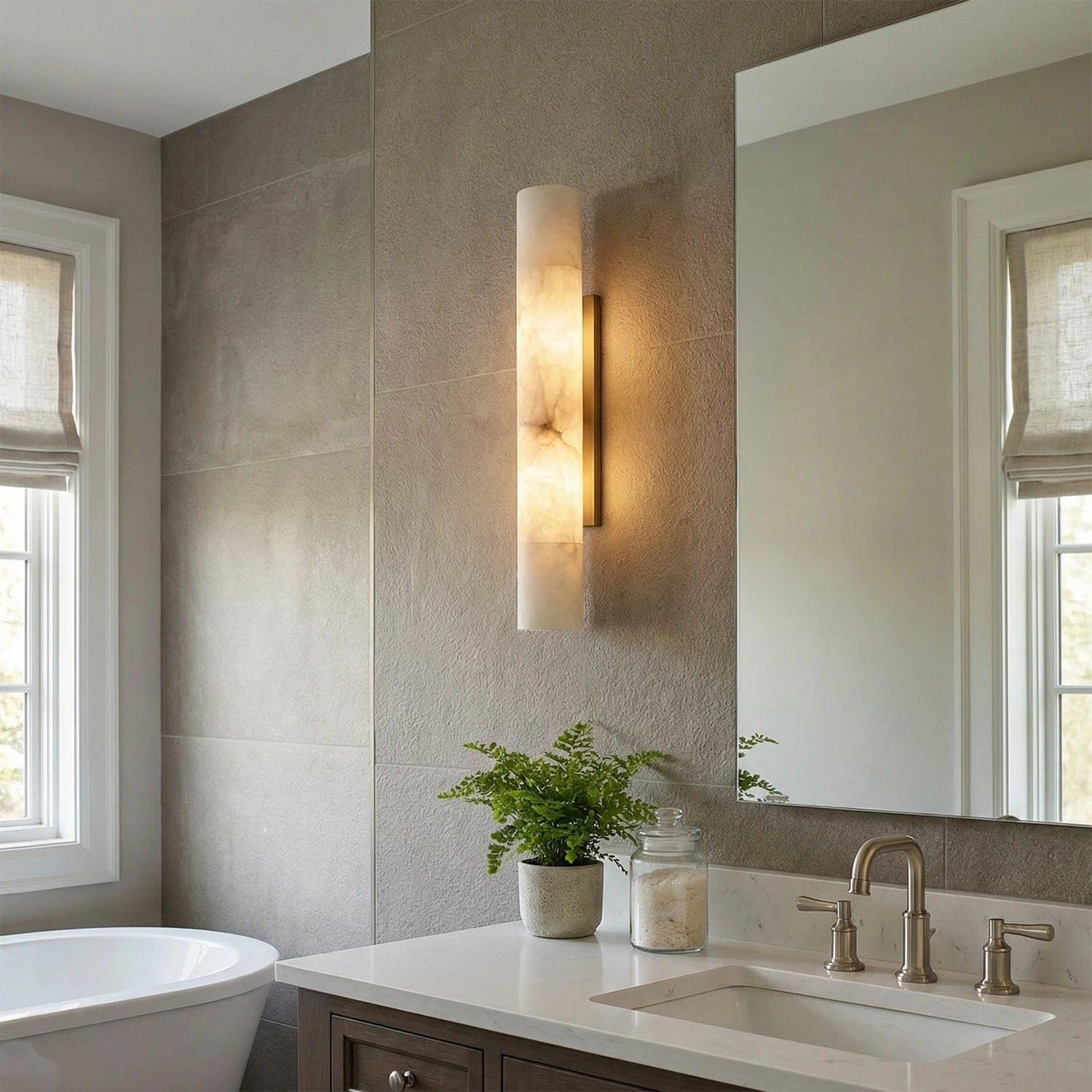 Selene Alabaster Column Sconce-Bar Linear Chandelier - Elegant Bathroom Vanity White Marble Countertop Grey Wall | HoaiLamp