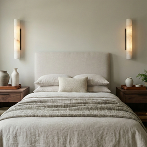Selene Alabaster Column Sconce-Bar Linear Chandelier - Cozy Master Bedroom Cream Headboard Nightstands Setup | HoaiLamp