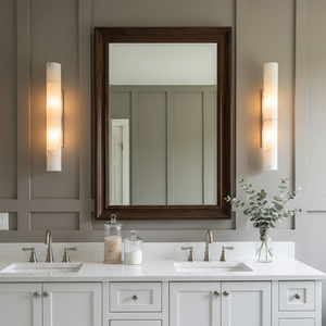 Selene Alabaster Column Sconce-Bar Linear Chandelier - Double Bathroom Vanity Symmetrical Sconces Wooden Mirror | HoaiLamp