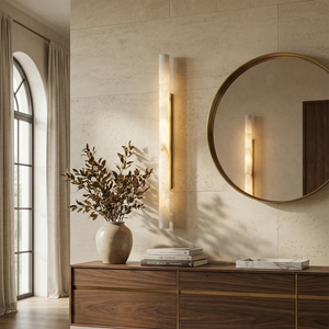 Selene Alabaster Column Sconce-Bar Linear Chandelier - Elegant Foyer Large Round Mirror Wooden Dresser Branches | HoaiLamp