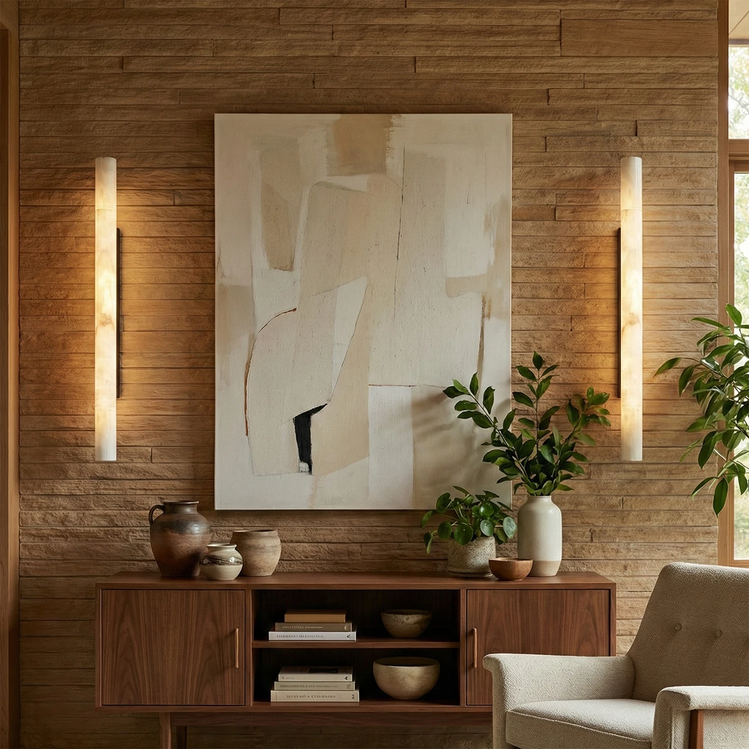 Selene Alabaster Column Sconce-Bar Linear Chandelier - Mid Century Living Room Wood Paneling Abstract Art Credenza | HoaiLamp