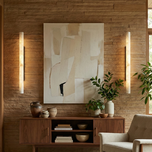 Selene Alabaster Column Sconce-Bar Linear Chandelier - Mid Century Living Room Wood Paneling Abstract Art Credenza | HoaiLamp