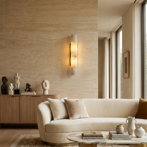 Selene Alabaster Column Sconce-Bar Linear Chandelier - Luxury Living Room Cream Curved Sofa Travertine Accent Wall | HoaiLamp