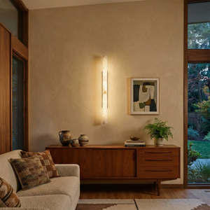 Selene Alabaster Column Sconce-Bar Linear Chandelier - Mid Century Living Room Walnut Sideboard Garden View | HoaiLamp