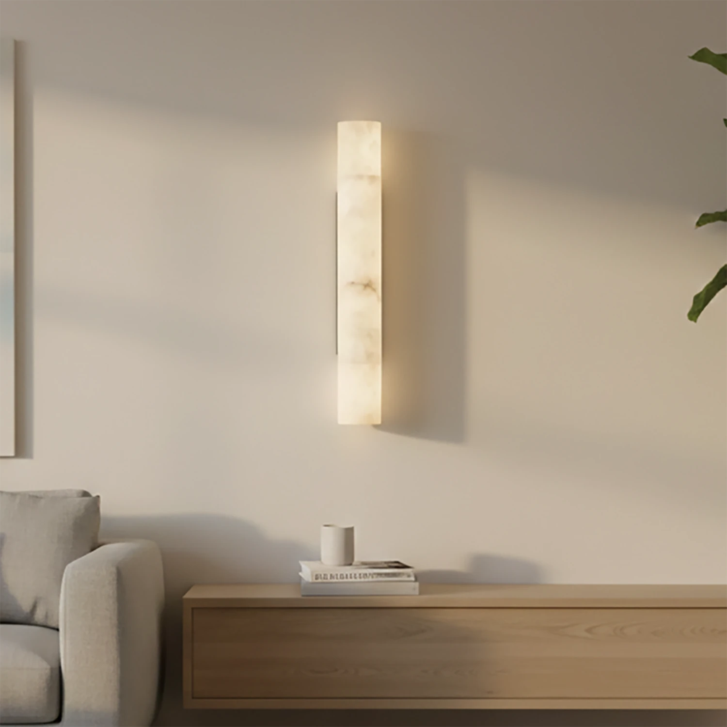 Selene Alabaster Column Sconce-Bar Linear Chandelier - Minimalist Living Room Floating Wood Credenza Beige Wall | HoaiLamp