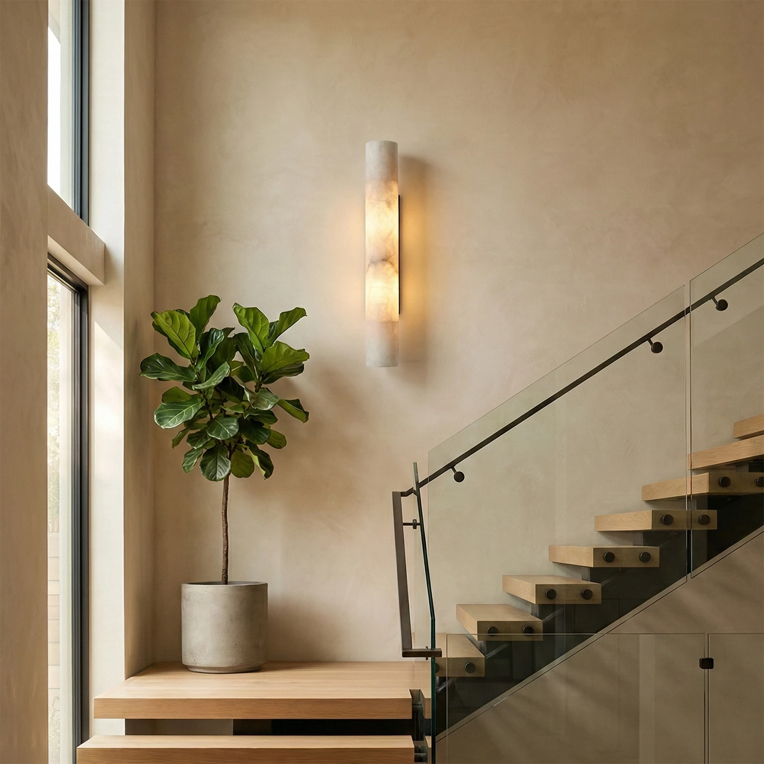 Selene Alabaster Column Sconce-Bar Linear Chandelier - Modern Staircase Hallway Beige Wall Potted Plant | HoaiLamp