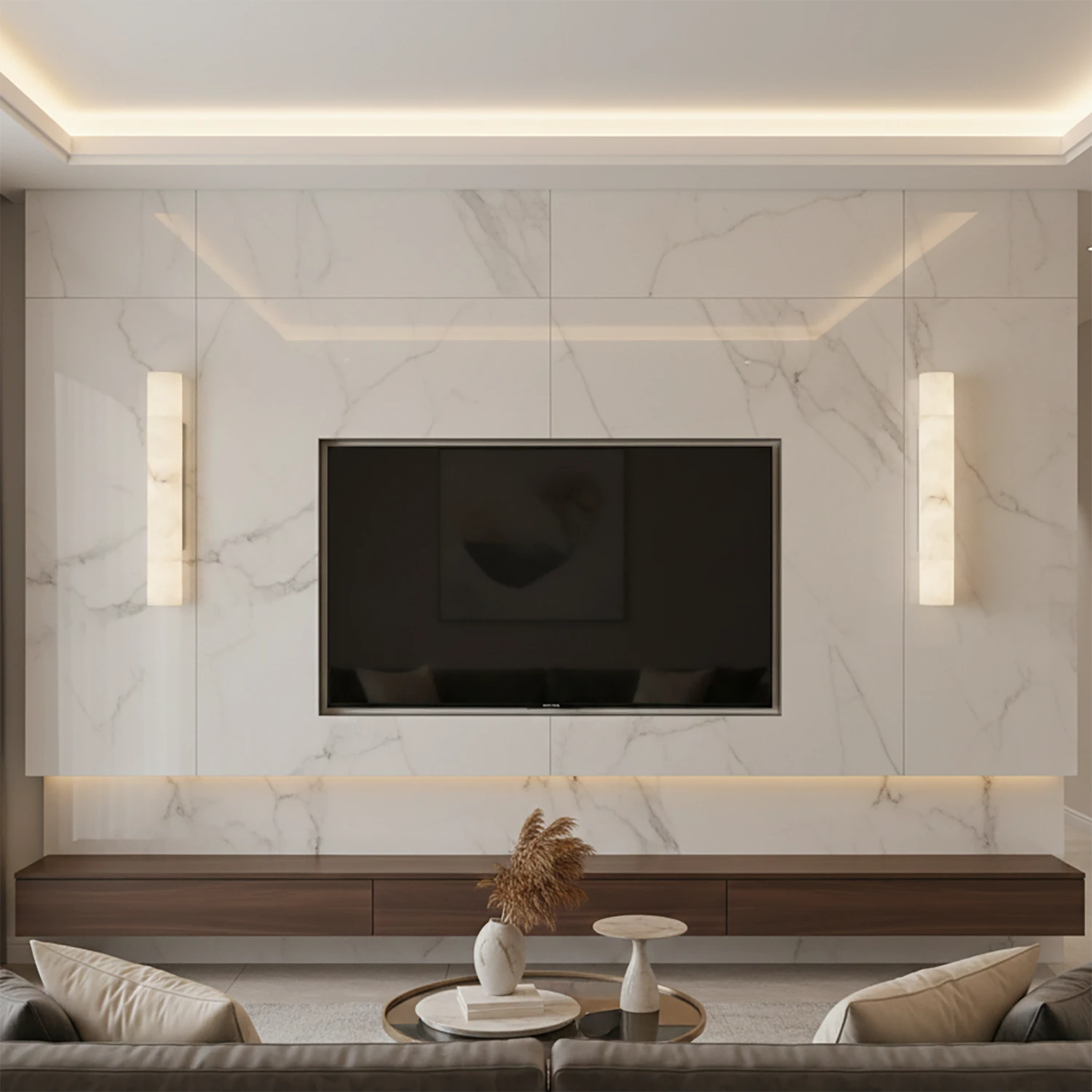 Selene Alabaster Column Sconce-Bar Linear Chandelier - Modern TV Accent Wall Luxury Marble Backdrop LED Backlight | HoaiLamp