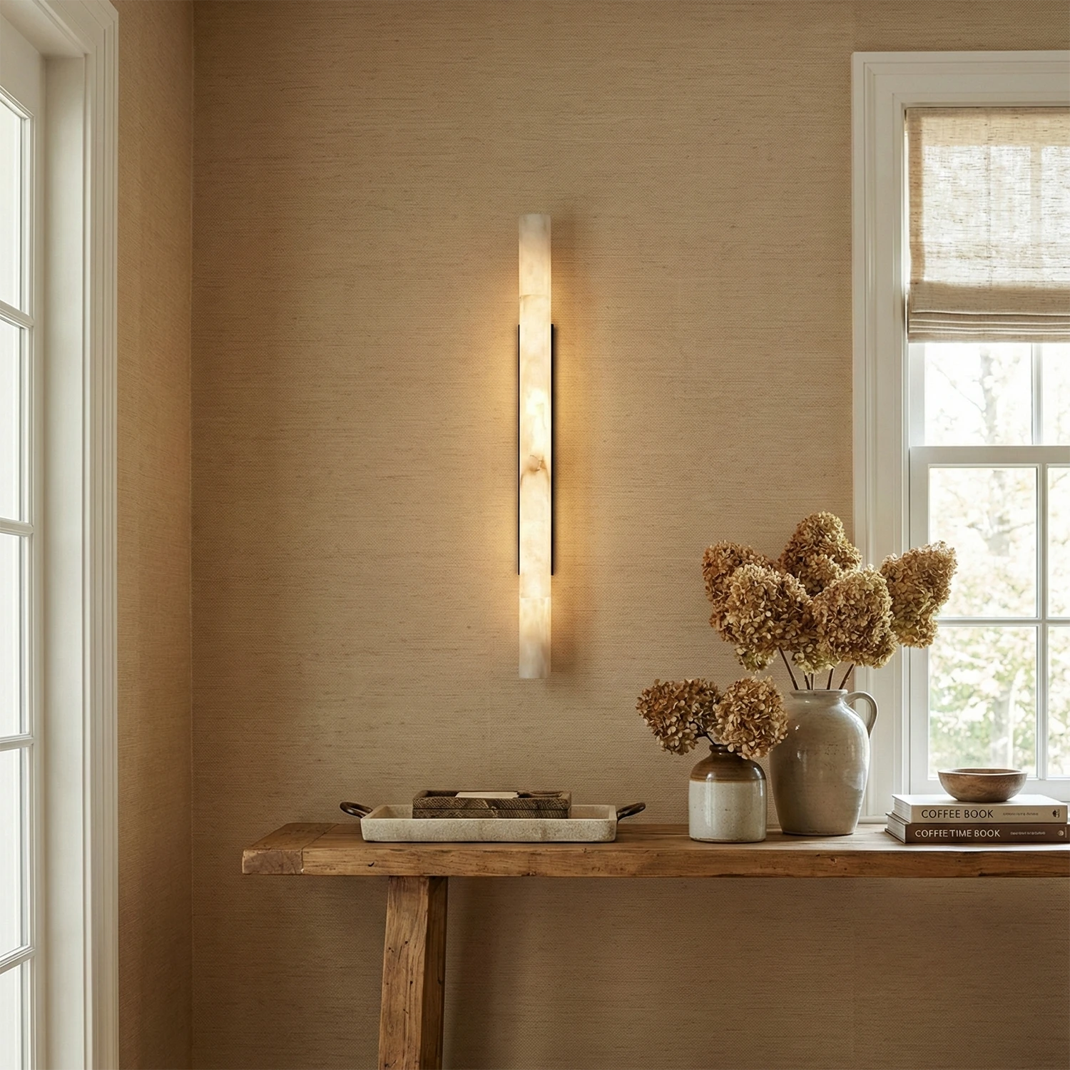 Selene Alabaster Column Sconce-Bar Linear Chandelier - Neutral Toned Hallway Timber Console Table Dried Flowers | HoaiLamp