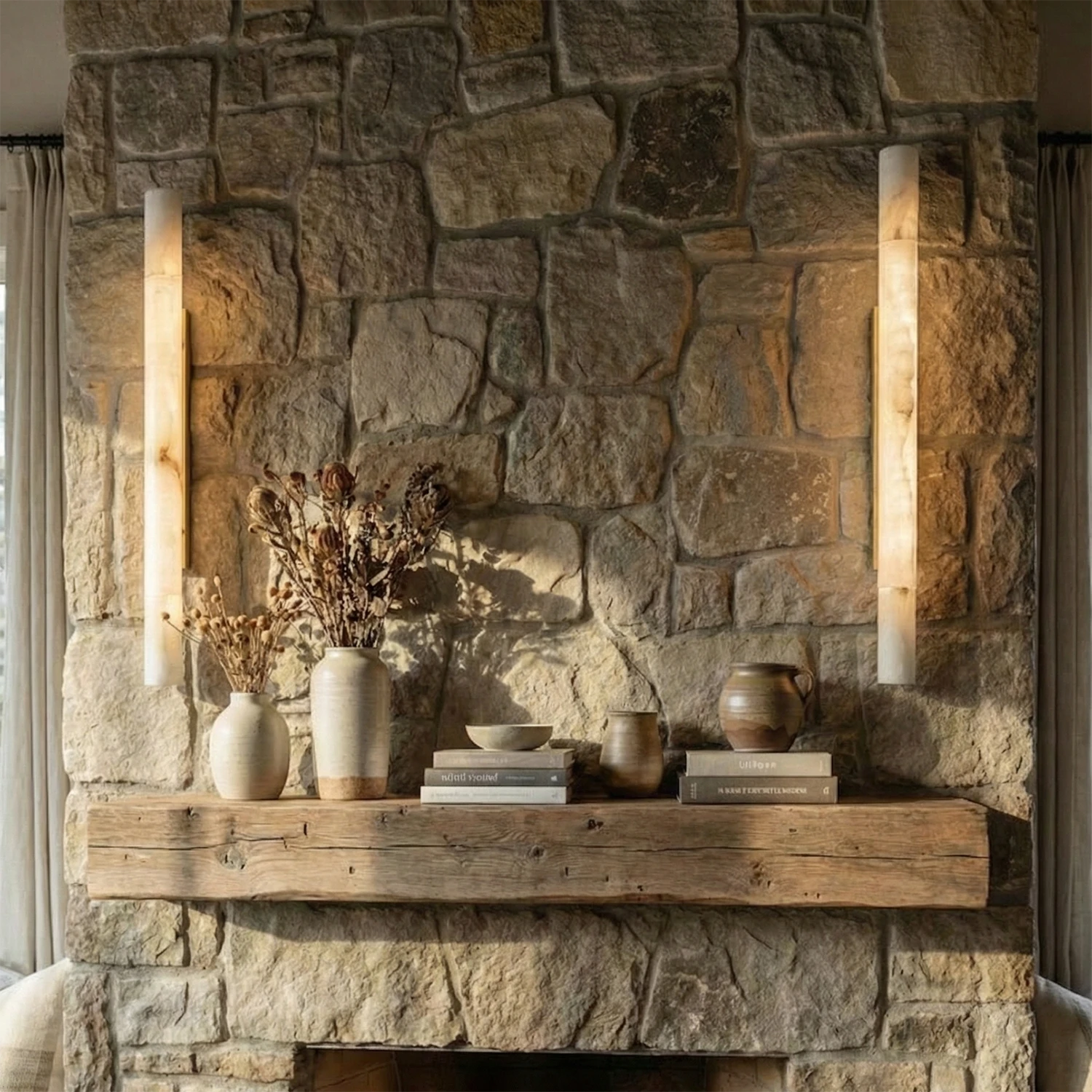 Selene Alabaster Column Sconce-Bar Linear Chandelier - Rustic Stone Fireplace Thick Wooden Mantel Farmhouse Decor | HoaiLamp