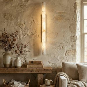 Selene Alabaster Column Sconce-Bar Linear Chandelier - Rustic Organic Stone Wall Pottery Vases Wooden Shelf | HoaiLamp