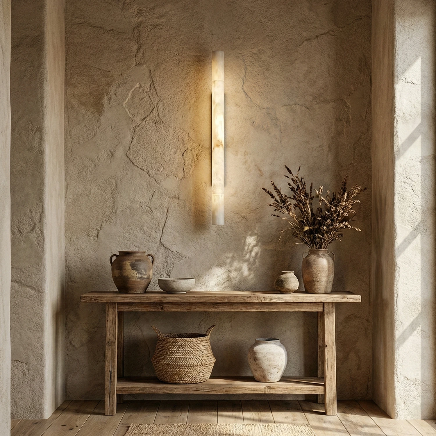 Selene Alabaster Column Sconce-Bar Linear Chandelier - Wabi Sabi Entryway Textured Plaster Wall Vintage Console | HoaiLamp