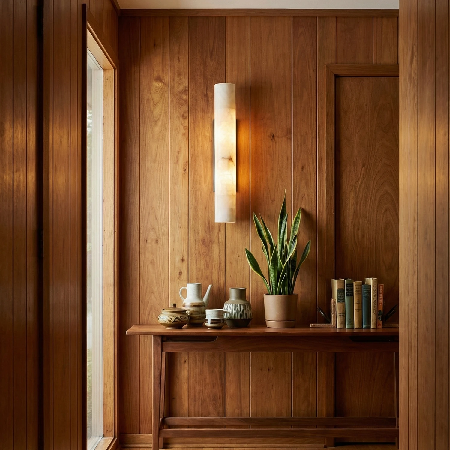 Selene Alabaster Column Sconce-Bar Linear Chandelier - Warm Wood Paneled Entryway Rustic Console Table Snake Plant | HoaiLamp
