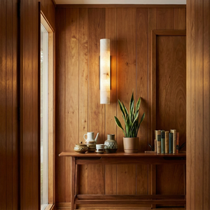 Selene Alabaster Column Sconce-Bar Linear Chandelier - Warm Wood Paneled Entryway Rustic Console Table Snake Plant | HoaiLamp