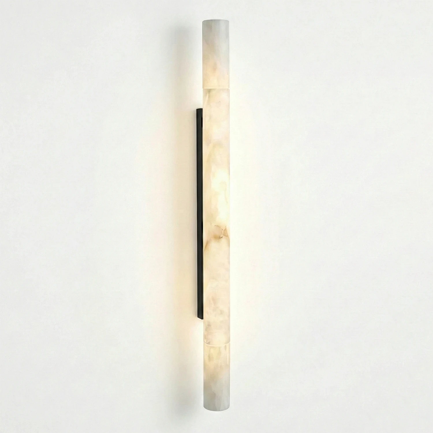 Selene Alabaster Column Sconce-Bar Linear Chandelier - Studio White Background Long Column Black Finish Warm Lit | HoaiLamp