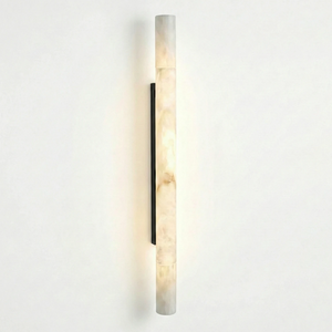 Selene Alabaster Column Sconce-Bar Linear Chandelier - Studio White Background Long Column Black Finish Warm Lit | HoaiLamp