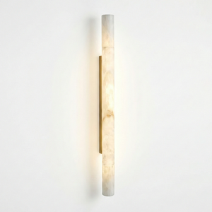 Selene Alabaster Column Sconce-Bar Linear Chandelier - Studio White Background Long Column Brass Finish Warm Lit | HoaiLamp