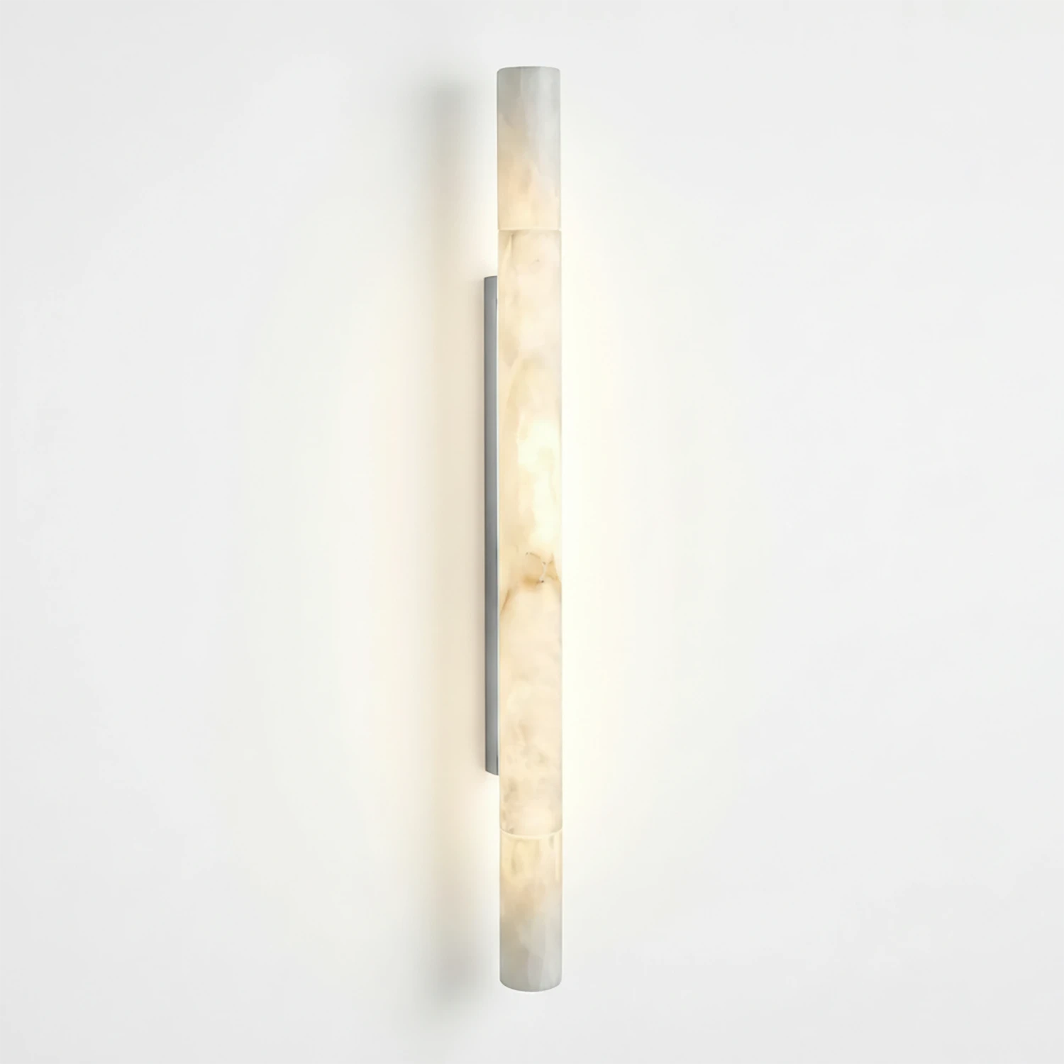 Selene Alabaster Column Sconce-Bar Linear Chandelier - Studio White Background Long Column Chrome Finish Warm Lit | HoaiLamp