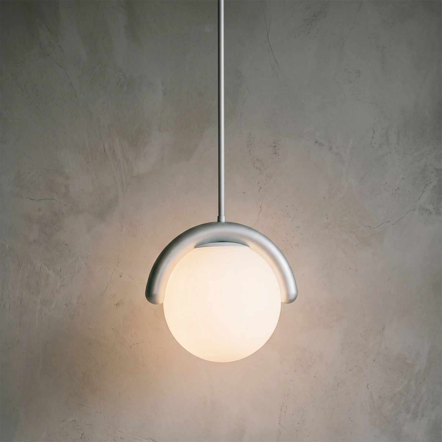 Curved Linear Opal Globe Pendant - Brushed Silver Single Globe Minimalist | HoaiLamp