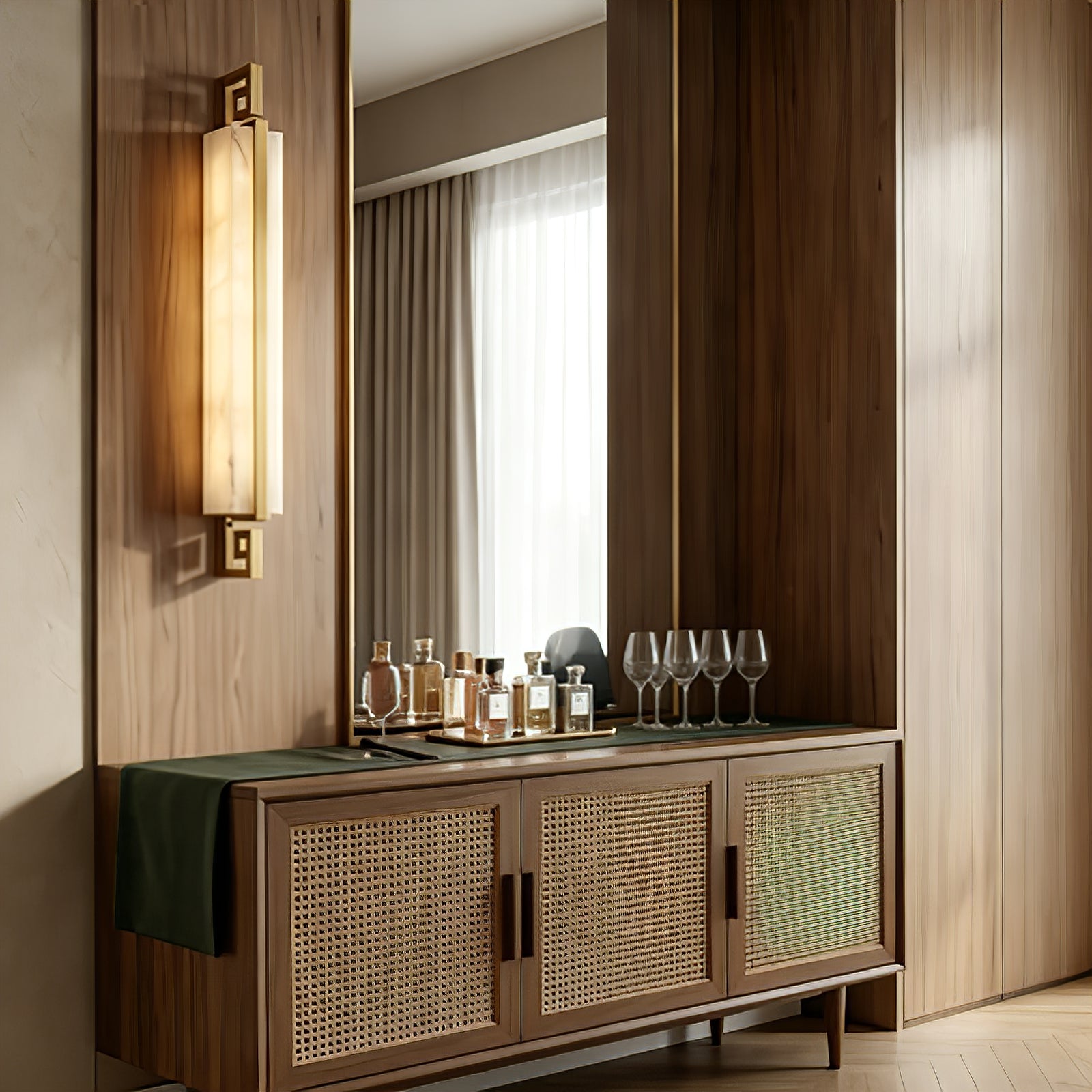Sleek Alabaster Brass Wall Light - Vintage Rattan Credenza Wooden Paneled Accent | HoaiLamp