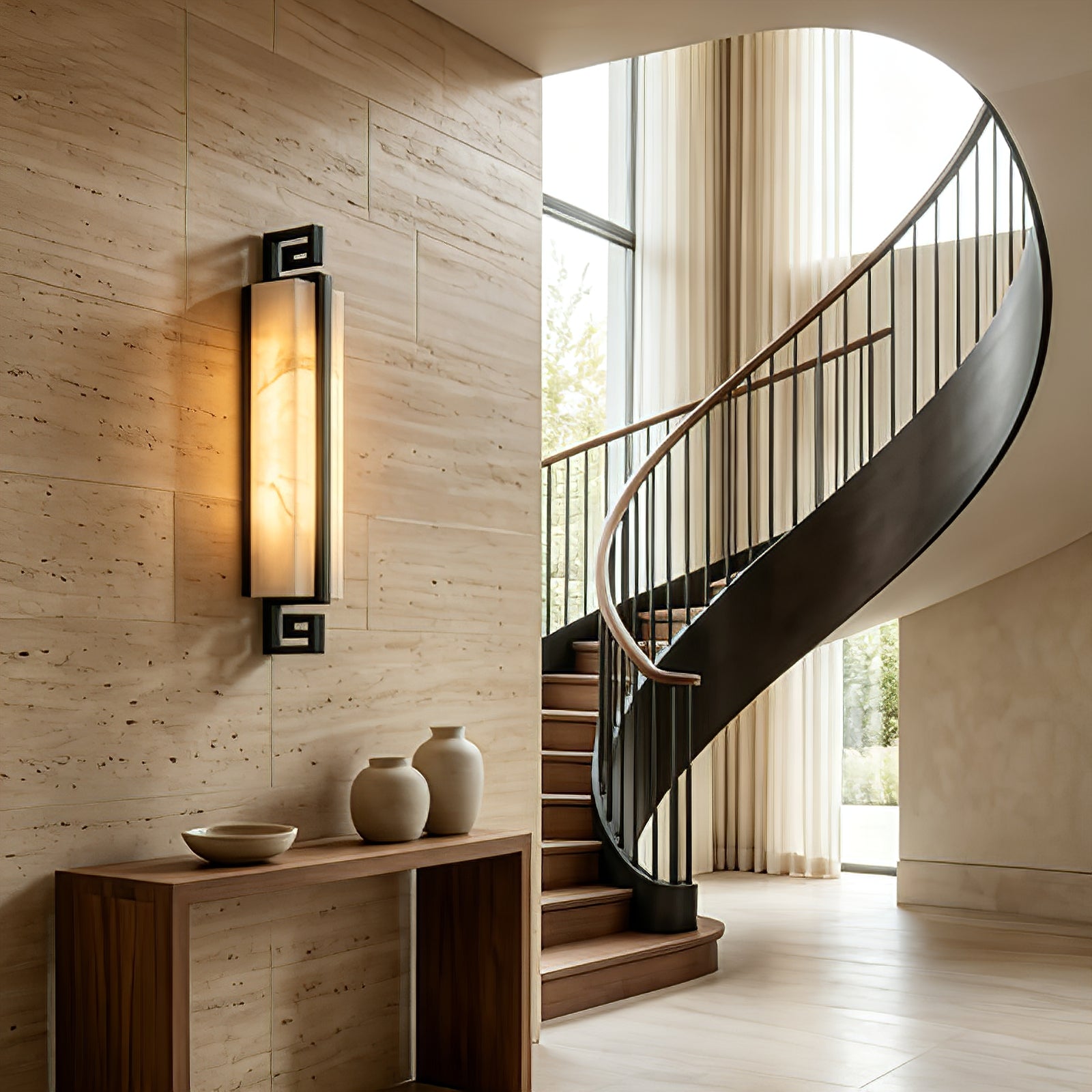 Sleek Alabaster Brass Wall Light - Grand Foyer Spiral Staircase Textured Wooden Board | HoaiLamp